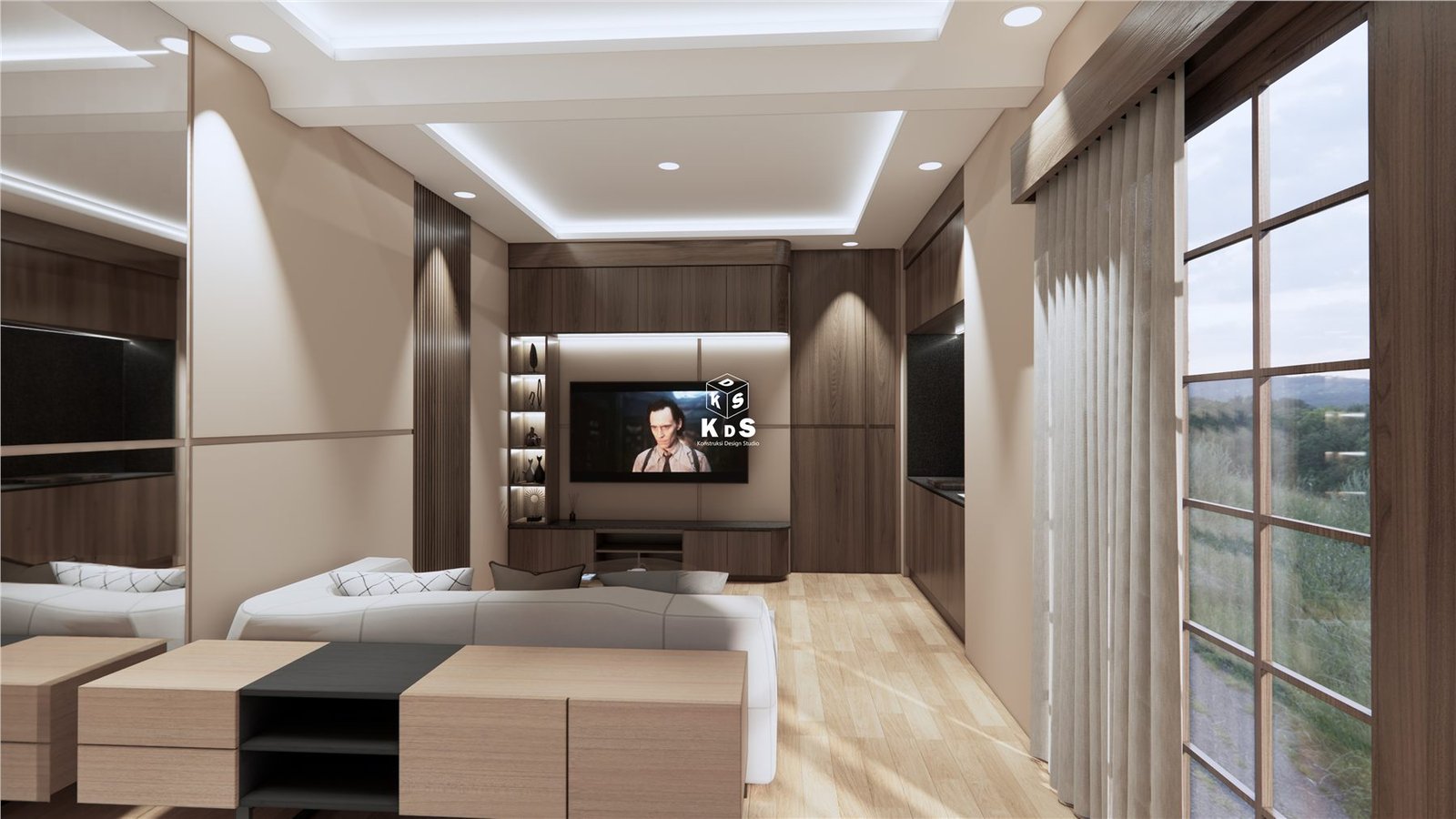 Living room hangat dengan desain interior modern